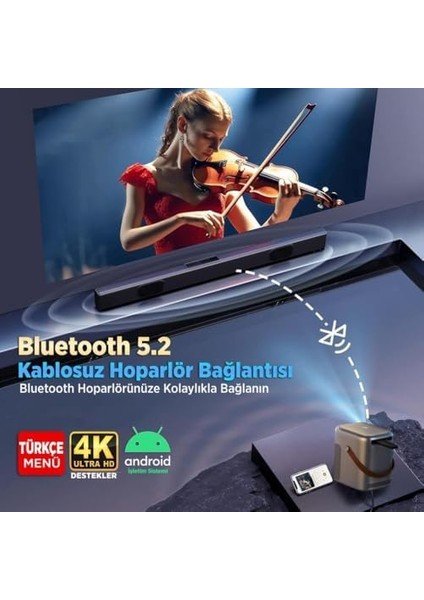 H300A Tv 4K Destekli Projeksiyon Cihazı +Auto Focus+Auto 6g Wi-Fi+5.2 240 Inç Yansıtma+Hifi Dolby Ses Sistemi Koyu Gri modelleri