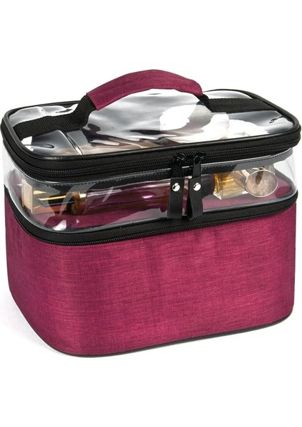 Figiza Seyahat Tipi Kozmetik Makyaj Çantası Su Geçirmez Büyük Boy Bölmeli Makyaj Seti Kutusu (Bordo)