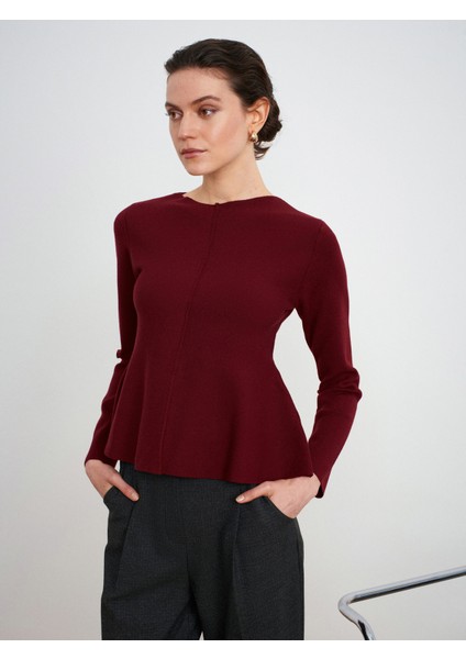 10824 Bisiklet Yaka Peplum Triko Top-Koyu Bordo modelleri