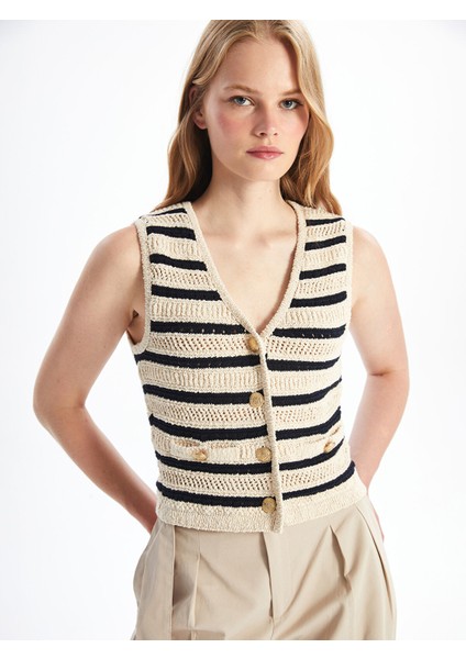 Yeni Sezon V Yaka Çizgili Kadın Triko Yelek