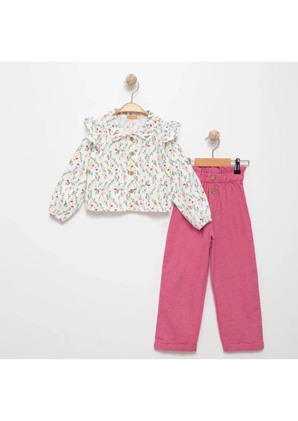 Kız Çocuk Çiçek Desenli Gömlek ve Pantolon Alt Üst Takım