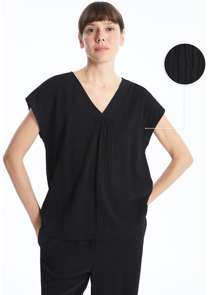 Yeni Sezon V Yaka Düz Kısa Kollu Kadın Bluz