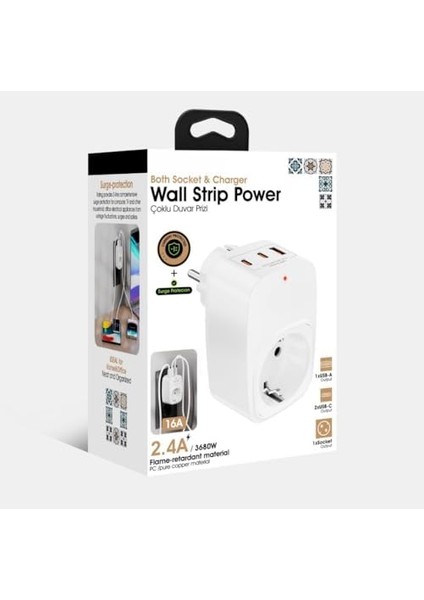 Akım Korumalı Priz 1x Priz, 2x Type-C, 1x USB Port Çıkışlı Tekli (Beyaz) fiyatları