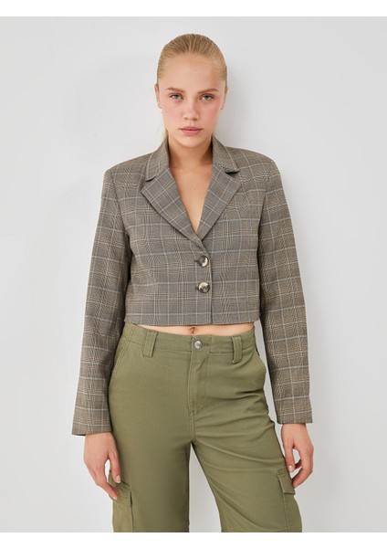 Yeni Sezon Ekose Crop Kadın Blazer Ceket