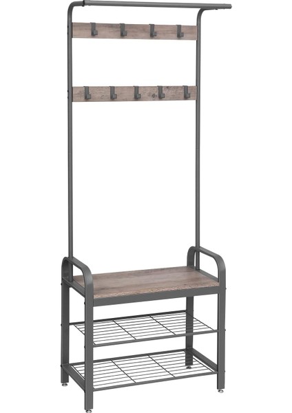 , Koltuklu, 9 Askılı Askısı, Bank, 2 Raf, 183 cm Yüksekliğinde, Endüstriyel Tasarım, Grej Gri, HSR40MG