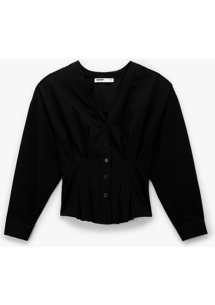 Viskon Karışımlı Uzun Kollu V Yaka Düğmeli Gömlek