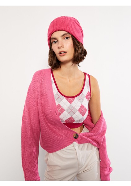 Yeni Sezon U Yaka Baklava Desenli Kadın Triko Atlet