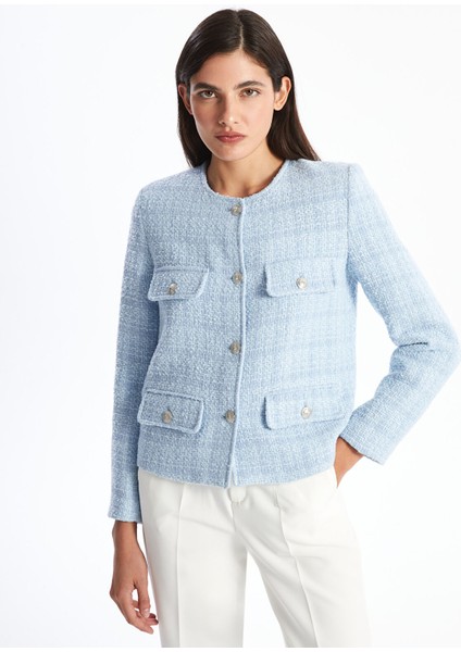 Yeni Sezon Bisiklet Yaka Desenli Uzun Kollu Kadın Tüvit Ceket