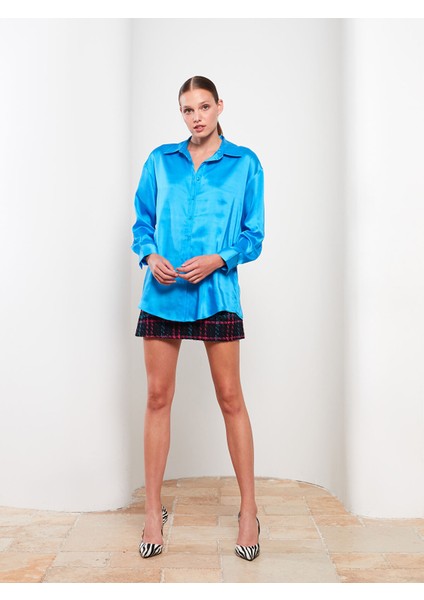 Yeni Sezon Önden Düğme Kapamalı Düz Uzun Kollu Saten Kadın Gömlek modelleri
