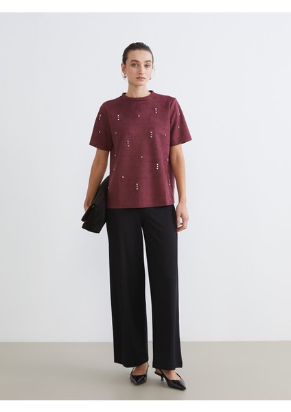 Yeni Sezon Bisiklet Yaka Taşlı Süet Görünümlü Bluz fiyatları