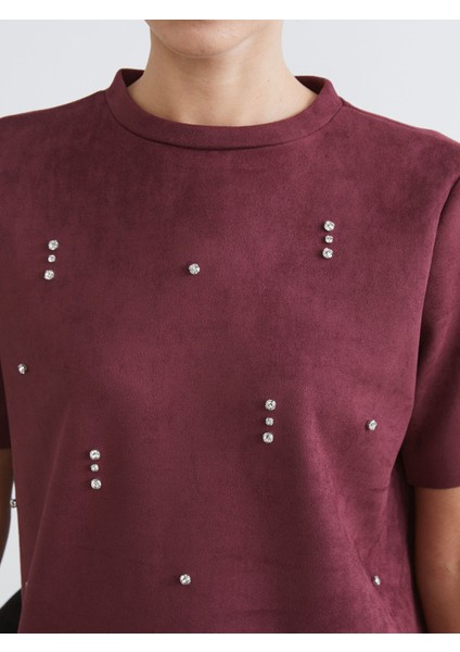 Yeni Sezon Bisiklet Yaka Taşlı Süet Görünümlü Bluz modelleri