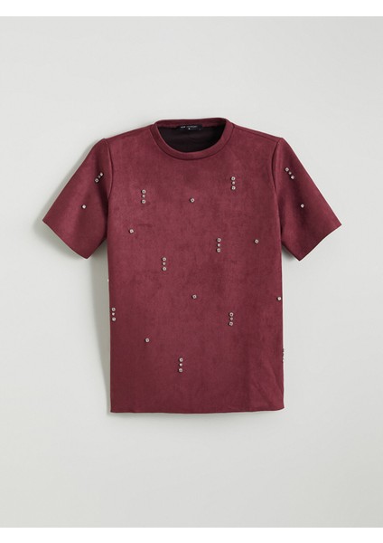 Yeni Sezon Bisiklet Yaka Taşlı Süet Görünümlü Bluz indirimleri