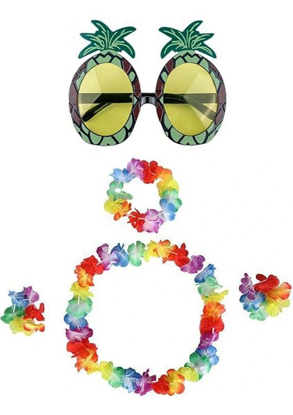 Renkli Ananas Gözlük, Taç, Kolye ve Bileklik Seti