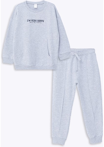 Yeni Sezon Bisiklet Yaka Baskılı Erkek Bebek Sweatshirt ve Eşofman Alt 2'li Takım