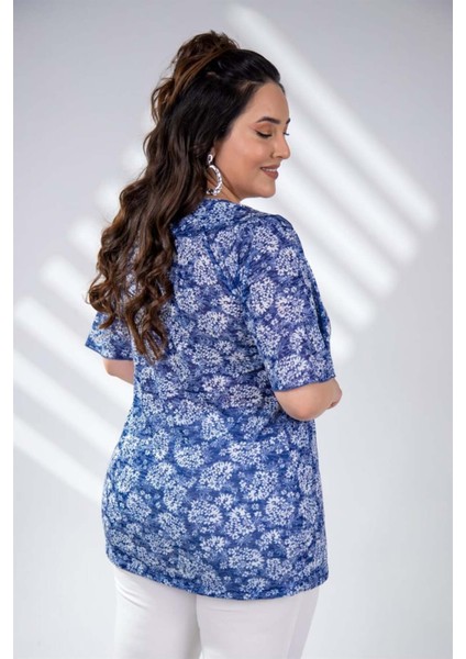 Kadın Büyük Beden Çiçekli Lacivert Bluz fiyatları