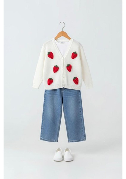 Çilek Triko Işleme Detaylı Hırkalı Kız Çocuk 3 lü takım - Kırmızı