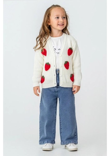Çilek Triko Işleme Detaylı Hırkalı Kız Çocuk 3 lü takım - Kırmızı fırsatları
