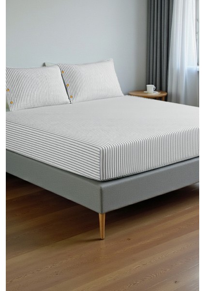 Çift Kişilik Lastikli Çarşaf Seti Düğme Detaylı | Çeyizlik | Hediyelik | Çizgi Desen | Armürlü Dokuma