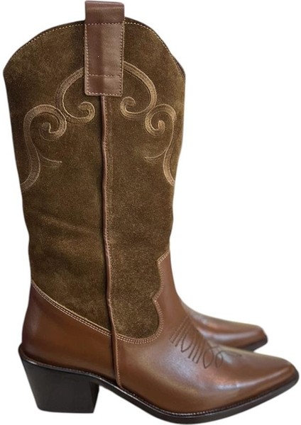 Taba Hakiki Deri ve Süet Işleme Detaylı Western Çizme