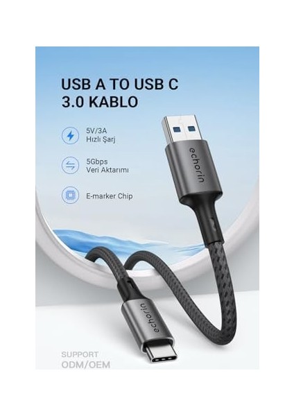 USB 3.0 Usb-A&apos;dan Usb-C&apos;ye 15W Pd Hızlı Şarj 5V3A Yüksek Kaliteli Örgülü Kablo 5gbps 1 Metre (Gri) modelleri