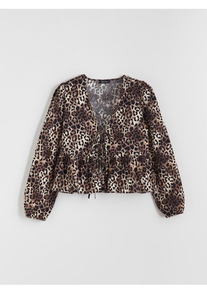 Yeni Sezon V Yaka Leopar Desenli Bluz indirimleri