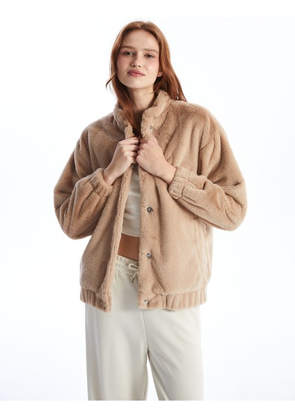 Yeni Sezon Dik Yaka Düz Oversize Kadın Pelüş Mont