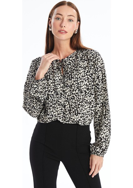 Yeni Sezon Bağlamalı Yaka Desenli Uzun Kollu Kadın Bluz