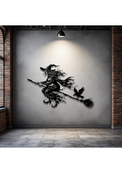 Uçan Cadı Metal Duvar Dekoru – Halloween Temalı Siluet Tasarımı
