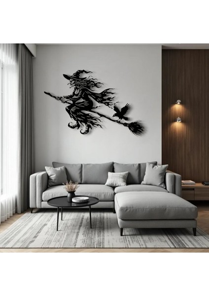 Uçan Cadı Metal Duvar Dekoru – Halloween Temalı Siluet Tasarımı