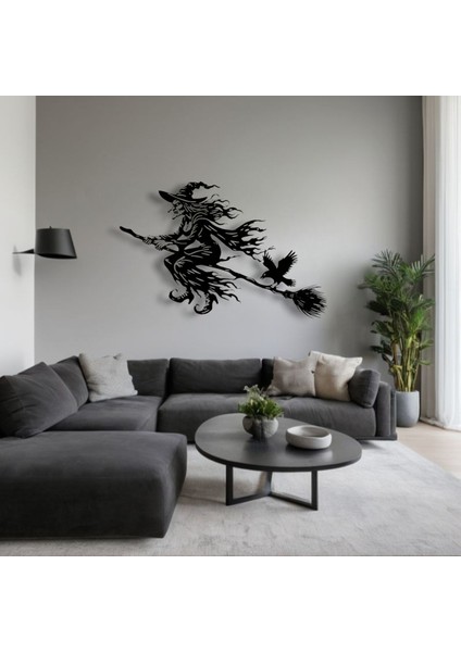 Uçan Cadı Metal Duvar Dekoru – Halloween Temalı Siluet Tasarımı