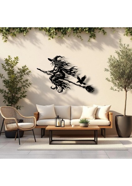 Uçan Cadı Metal Duvar Dekoru – Halloween Temalı Siluet Tasarımı