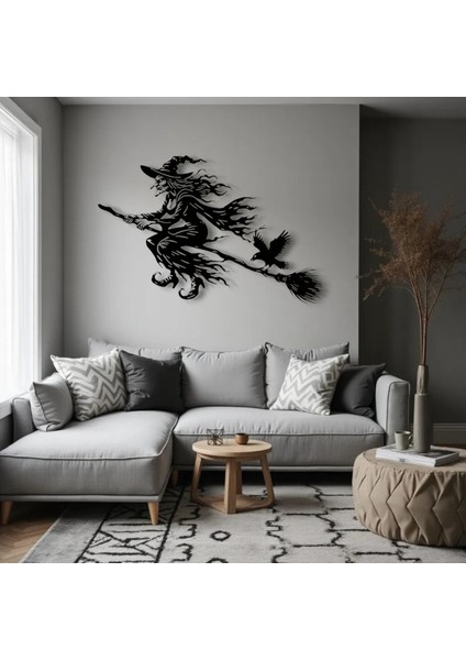 Uçan Cadı Metal Duvar Dekoru – Halloween Temalı Siluet Tasarımı