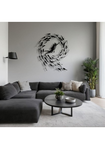 Dalgıç ve Balık Sürüsü Metal Duvar Dekoru – Deniz Tutkusunu Yansıtan Sanatsal Tasarım