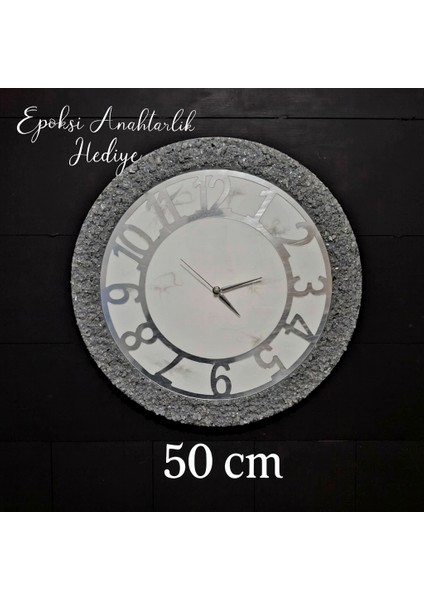 Duvar Saati - 50 cm - Modern Dekoratif Duvar Saati - Epoksi Duvar Saati - El Yapımı Duvar Saati - Gümüş Gri fiyatları