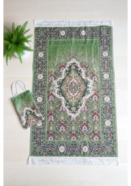 Ipeksi Dokulu Çantalı Kadife Seccade - Rumi Motifli, Pratik, Taşınabilir - Açık Yeşil