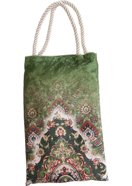 Ipeksi Dokulu Çantalı Kadife Seccade - Rumi Motifli, Pratik, Taşınabilir - Açık Yeşil modelleri