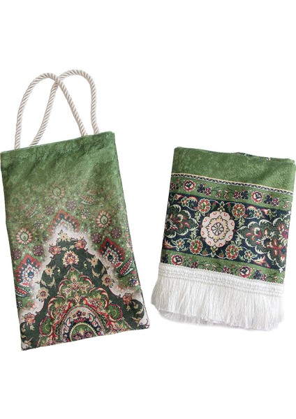 Ipeksi Dokulu Çantalı Kadife Seccade - Rumi Motifli, Pratik, Taşınabilir - Açık Yeşil indirimleri