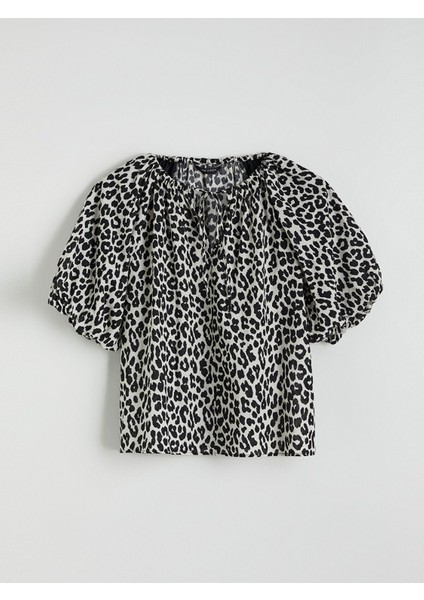 Yeni Sezon Bağlamalı Yaka Leopar Desenli Bluz indirimleri