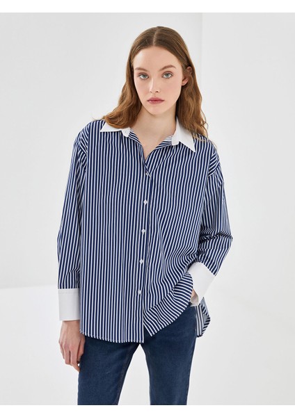 Yeni Sezon Çizgili Oversize Poplin Kadın Gömlek