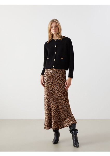Yeni Sezon Standart Fit Leopar Desenli Saten Kadın Etek modelleri