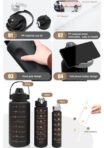 3'lü Motivasyon Su Matarası Şisesi 2 Lt + 750ML+280ML Sticker Hediyeli fırsatları