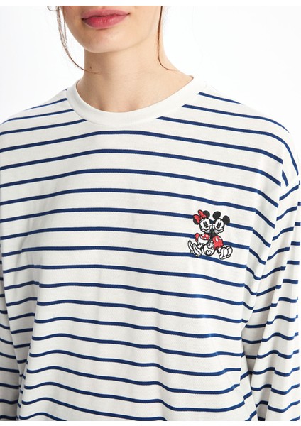 Yeni Sezon Bisiklet Yaka Mickey Mouse Nakışlı Uzun Kollu Kadın Tişört modelleri