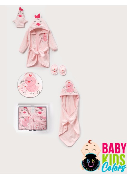 Kutulu 4 Parça Civciv Kapşonlu %100 Pamuk Bebek Bornoz Takımı