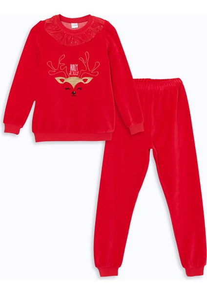 Yeni Sezon Yılbaşı Temalı Kadife Kız Çocuk Pijama Takımı