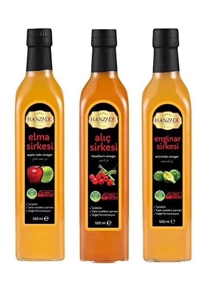 Hanzade Bitkisel Elma + Alıç + Enginar Sirkesi 500 ml 3&apos;lü Set Doğal Fermantasyon Içilebilir Katkısız Cam Şişe modelleri
