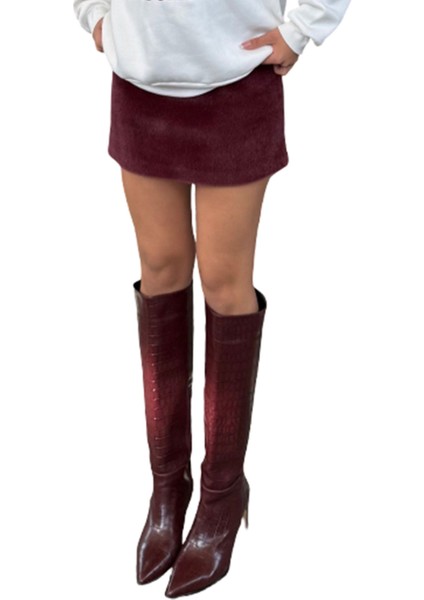 Bordo Tüylü Suni Yumuşak Kürk Örme Mini Çan Etek