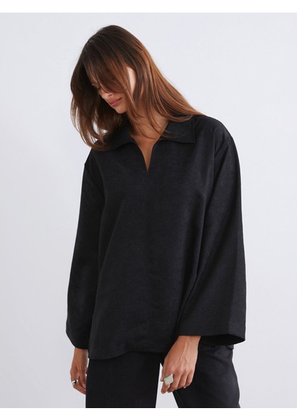 Yeni Sezon Gömlek Yaka Süet Görünümlü Bluz