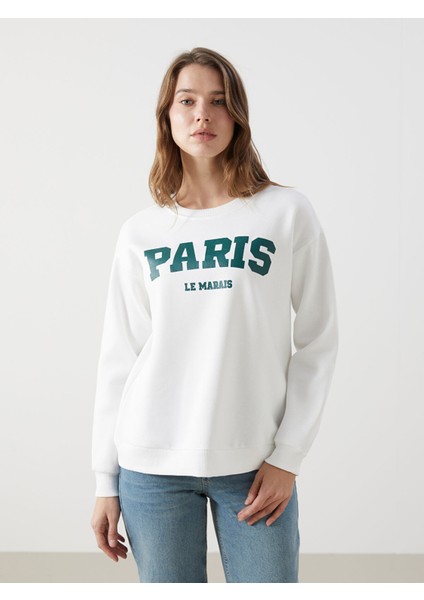 Yeni Sezon Bisiklet Yaka Paris Baskılı Kadın Kalın Sweatshirt