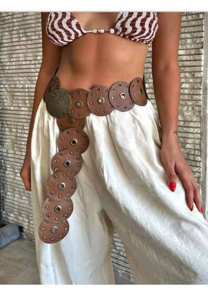 Kadın Bohem Deri Metal Halkalı Dekoratif Kemer – Antik Gold Tokalı, Yuvarlak Parçalı Tasarım