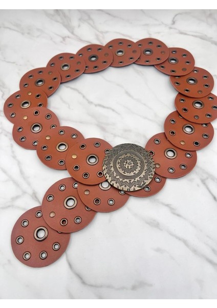 Kadın Bohem Deri Metal Halkalı Dekoratif Kemer – Antik Gold Tokalı, Yuvarlak Parçalı Tasarım fiyatları